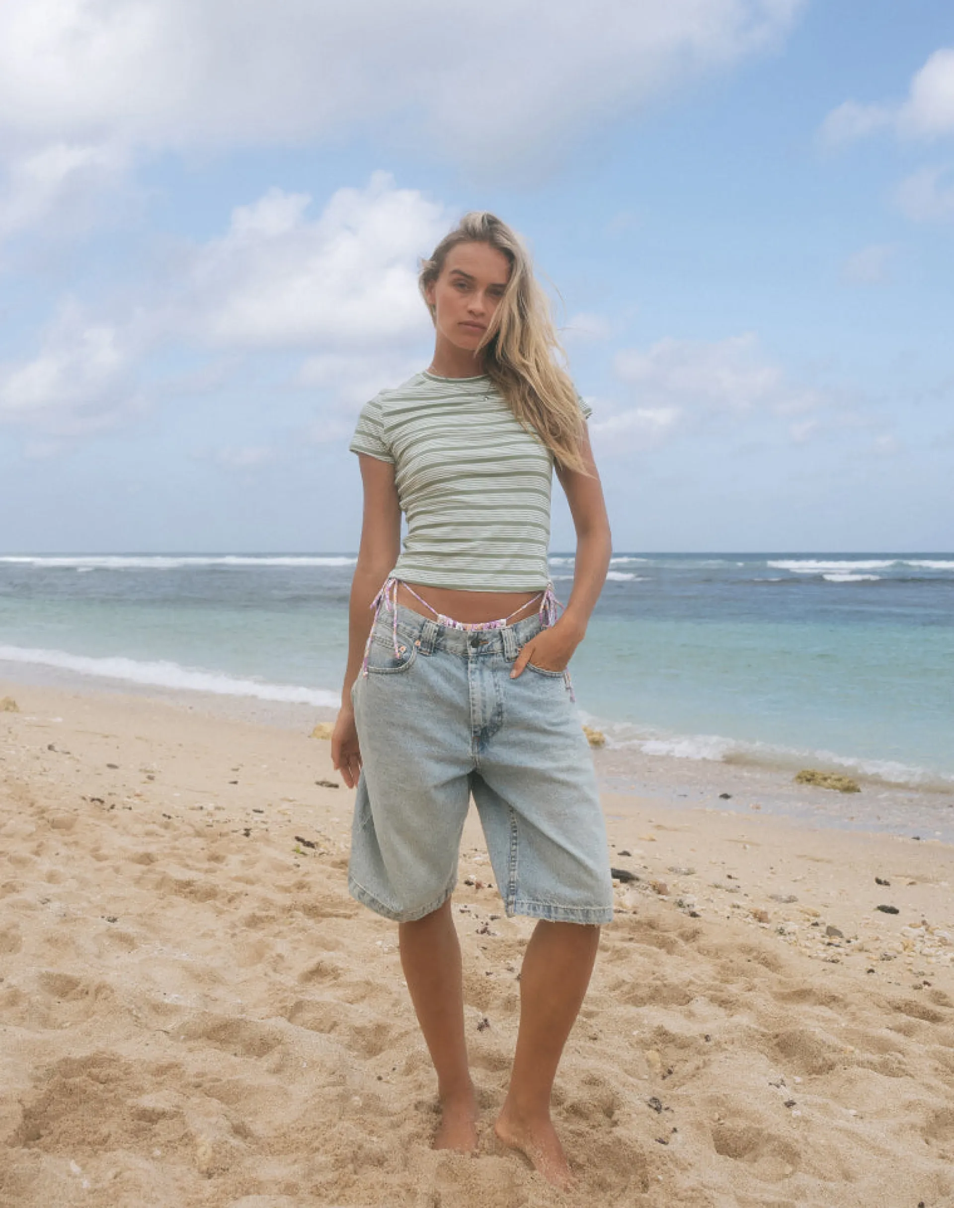 Motel Rocks Basic Tops | Printed Tops-Kenichi Top in Stripe Sage Green Jersey StripeSageGreenJersey