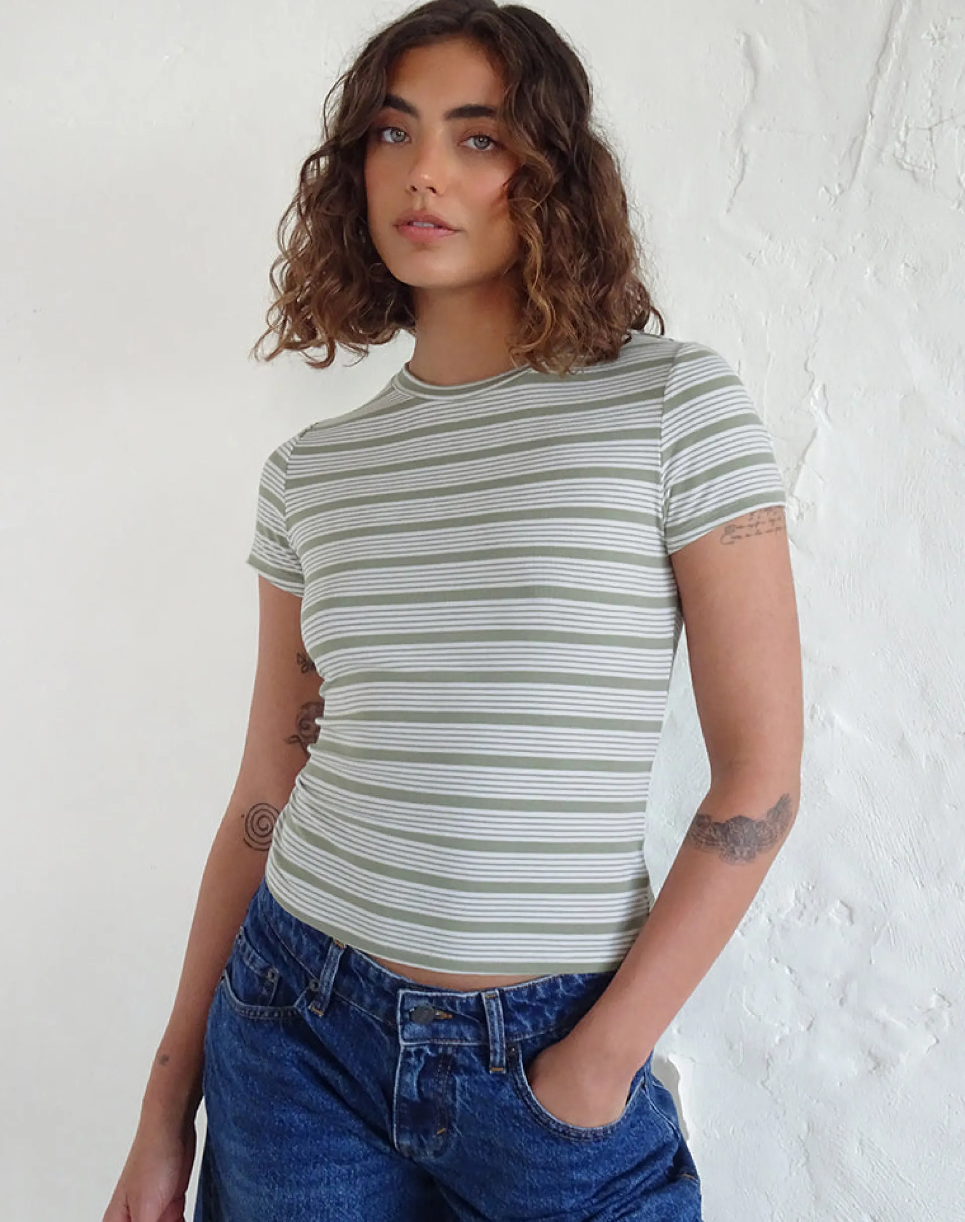 Motel Rocks Basic Tops | Printed Tops-Kenichi Top in Stripe Sage Green Jersey StripeSageGreenJersey