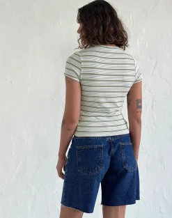 Motel Rocks Basic Tops | Printed Tops-Kenichi Top in Stripe Sage Green Jersey StripeSageGreenJersey
