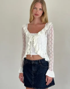 Motel Rocks Cardigans-Kenira Cardigan in Pointelle Knit Birch Cream