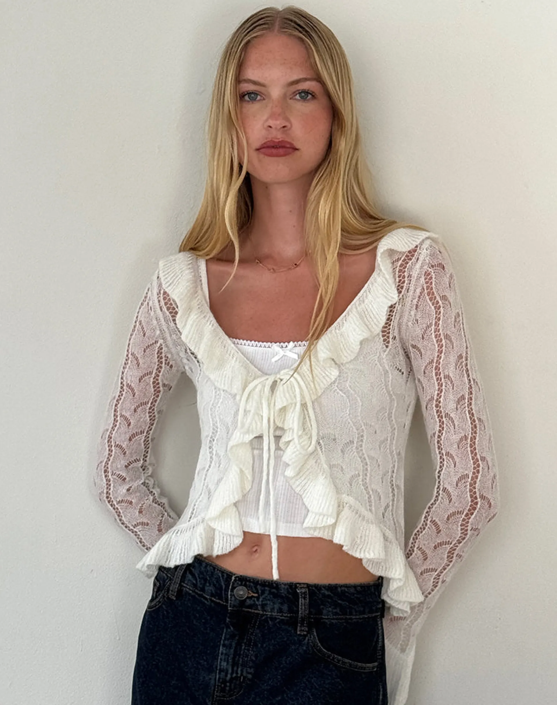 Motel Rocks Cardigans-Kenira Cardigan in Pointelle Knit Birch Cream