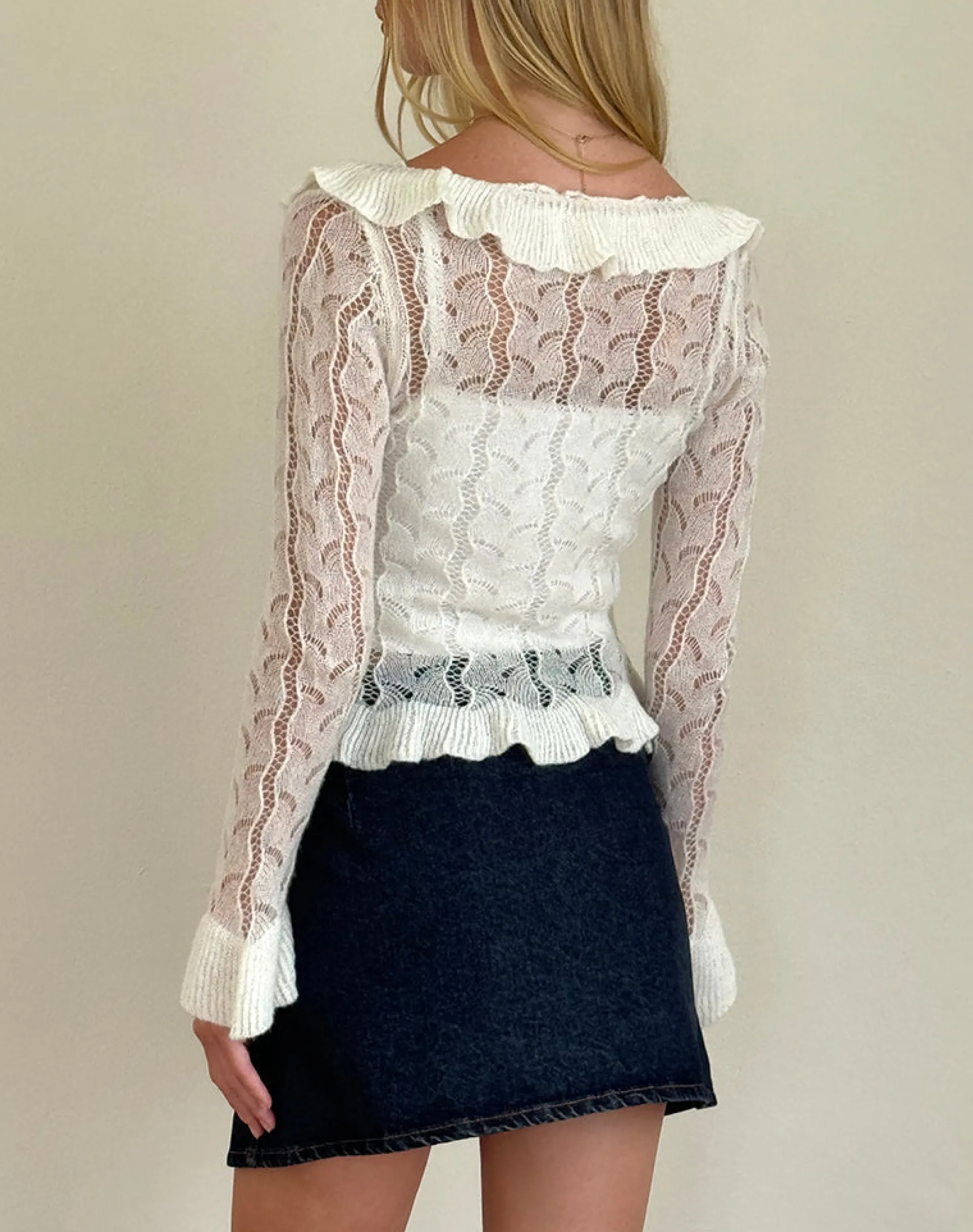 Motel Rocks Cardigans-Kenira Cardigan in Pointelle Knit Birch Cream