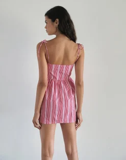 Motel Rocks Printed Dresses | Day Dresses-Kesyani Mini Dress in Vertical Pink Stripe