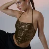 Motel Rocks Going Out Tops-Ketida Crop Top in Drape Sequin Copper DrapeSequinCopper