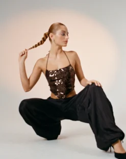 Motel Rocks Going Out Tops-Ketida Crop Top in Drape Sequin Copper DrapeSequinCopper