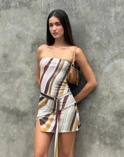 Motel Rocks Printed Dresses | Day Dresses-Kevsra Bandeau Mini Dress in Mesh Wiggle Sunset MeshWiggleSunset