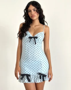 Motel Rocks Printed Dresses | Mini Dresses-Khalil Mini Dress in Blue Black Basic Polka