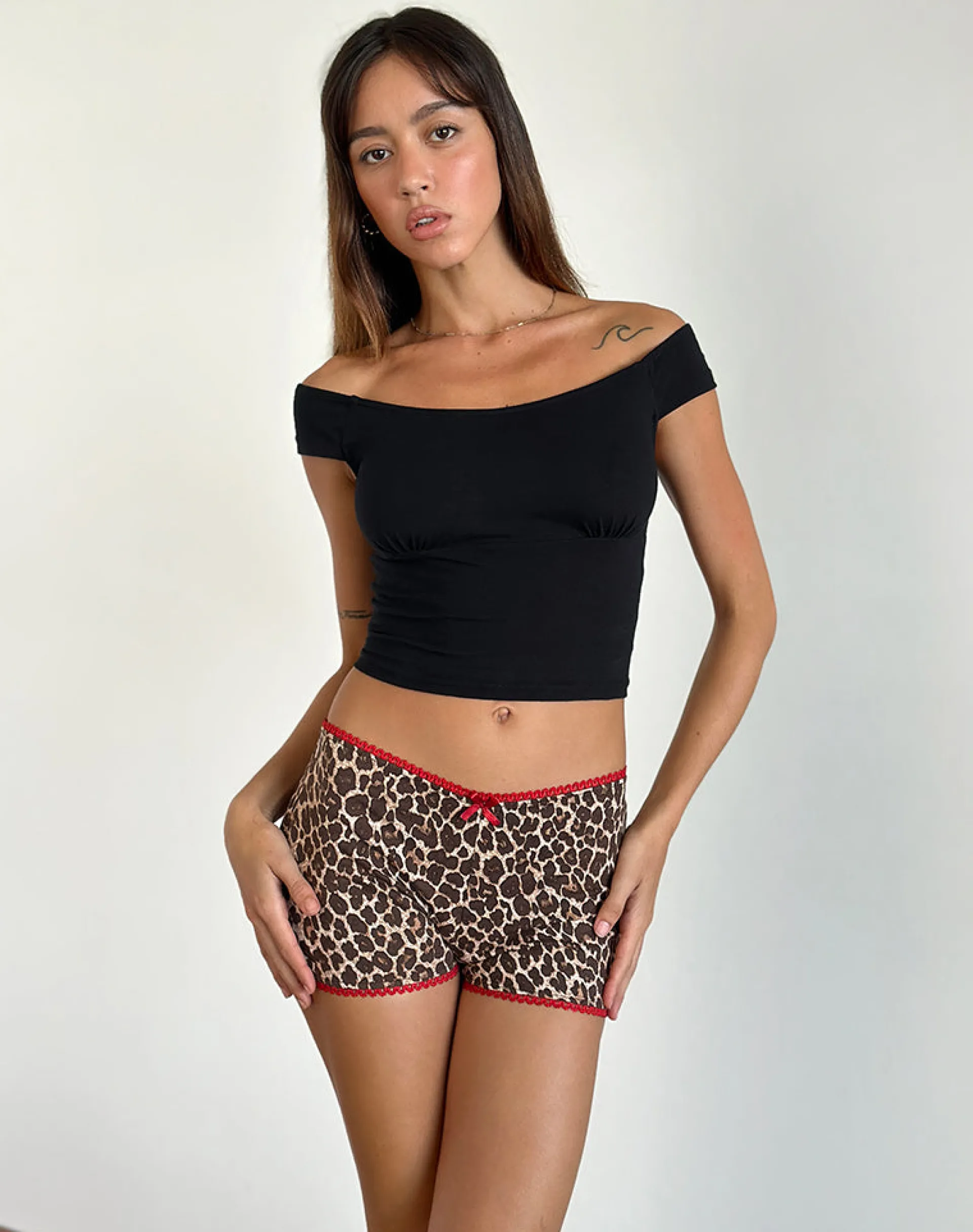 Motel Rocks Micro Shorts | Co-Ords-Kichi Micro Shorts in Rar Leopard Sandstorm with Red Trim