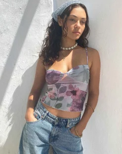 Motel Rocks Strappy Tops-Kikan Cropped Mesh Cami in Abstract Scrapbook