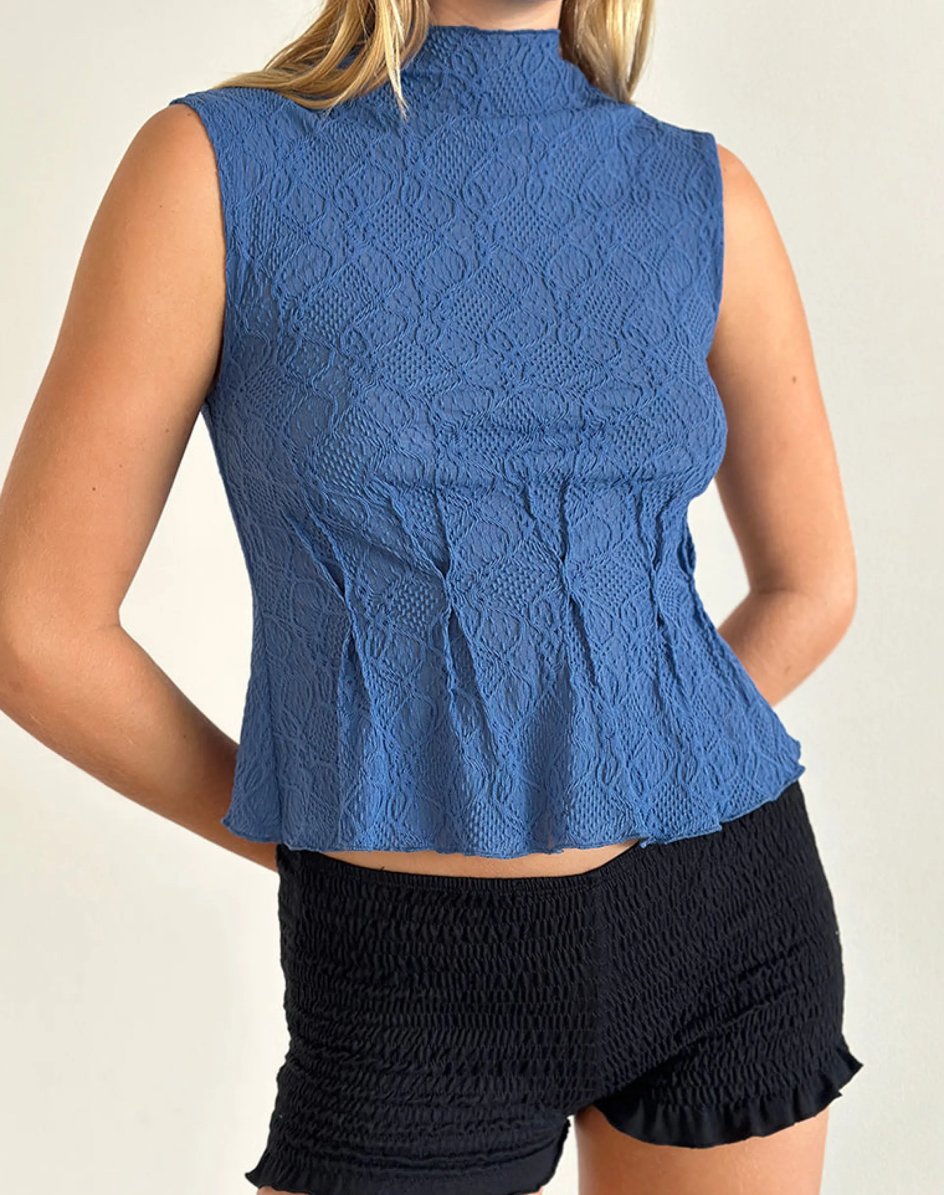 Motel Rocks Tailoring | Going Out Tops-Kimbra Sleeveless Top in Textured Blue TexturedBlue