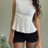 Motel Rocks Lace Tops-Kimbra Sleeveless Top in Crinkle Ivory CrinkleIvory