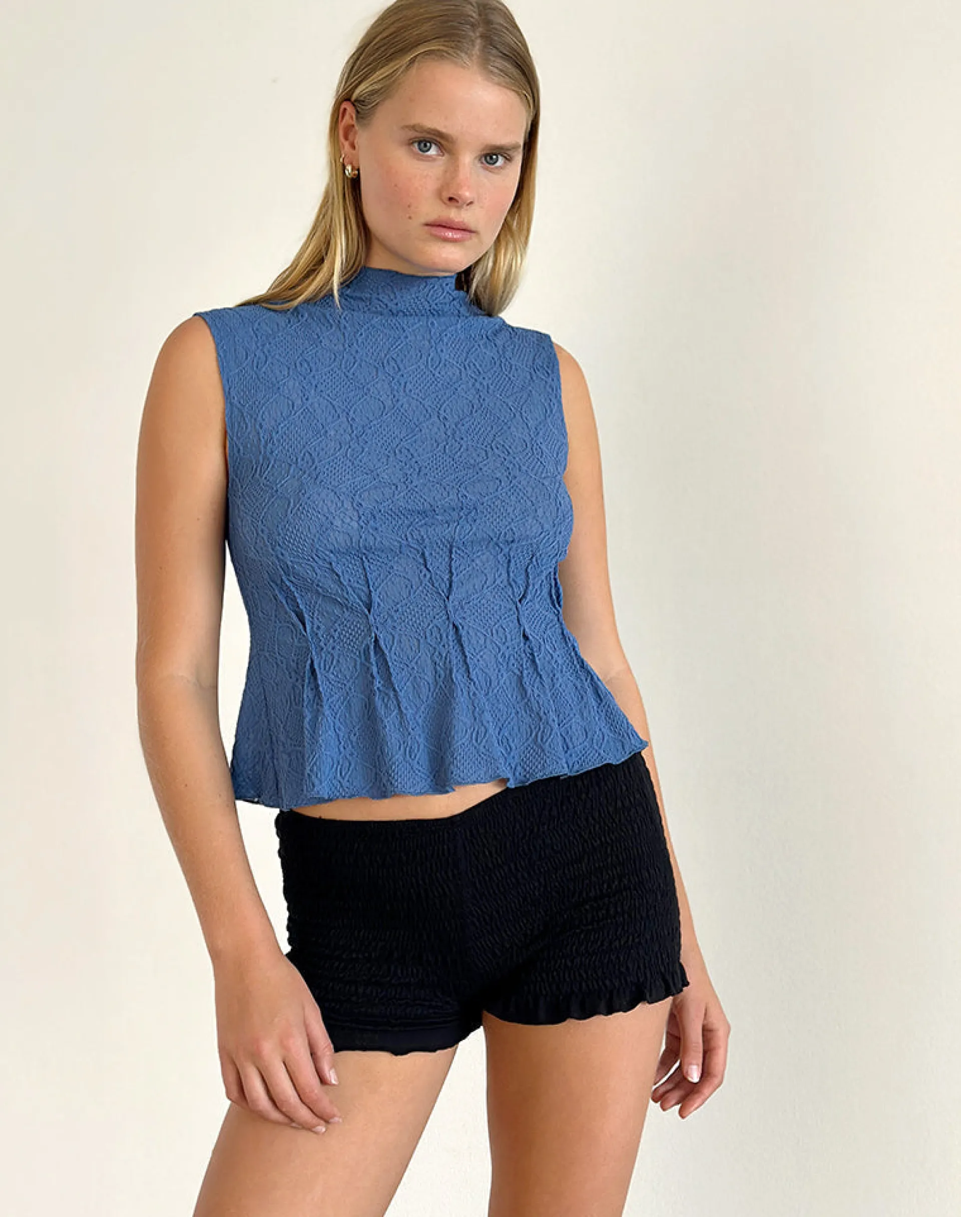 Motel Rocks Tailoring | Going Out Tops-Kimbra Sleeveless Top in Textured Blue TexturedBlue