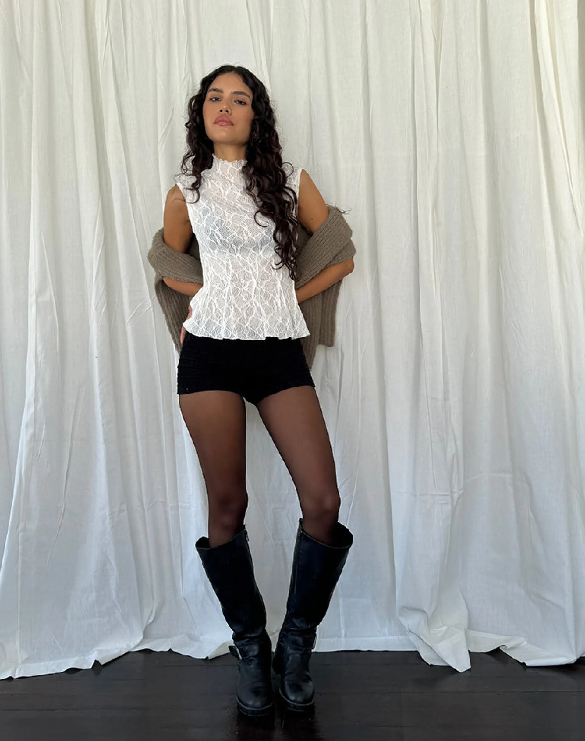 Motel Rocks Lace Tops-Kimbra Sleeveless Top in Crinkle Ivory CrinkleIvory