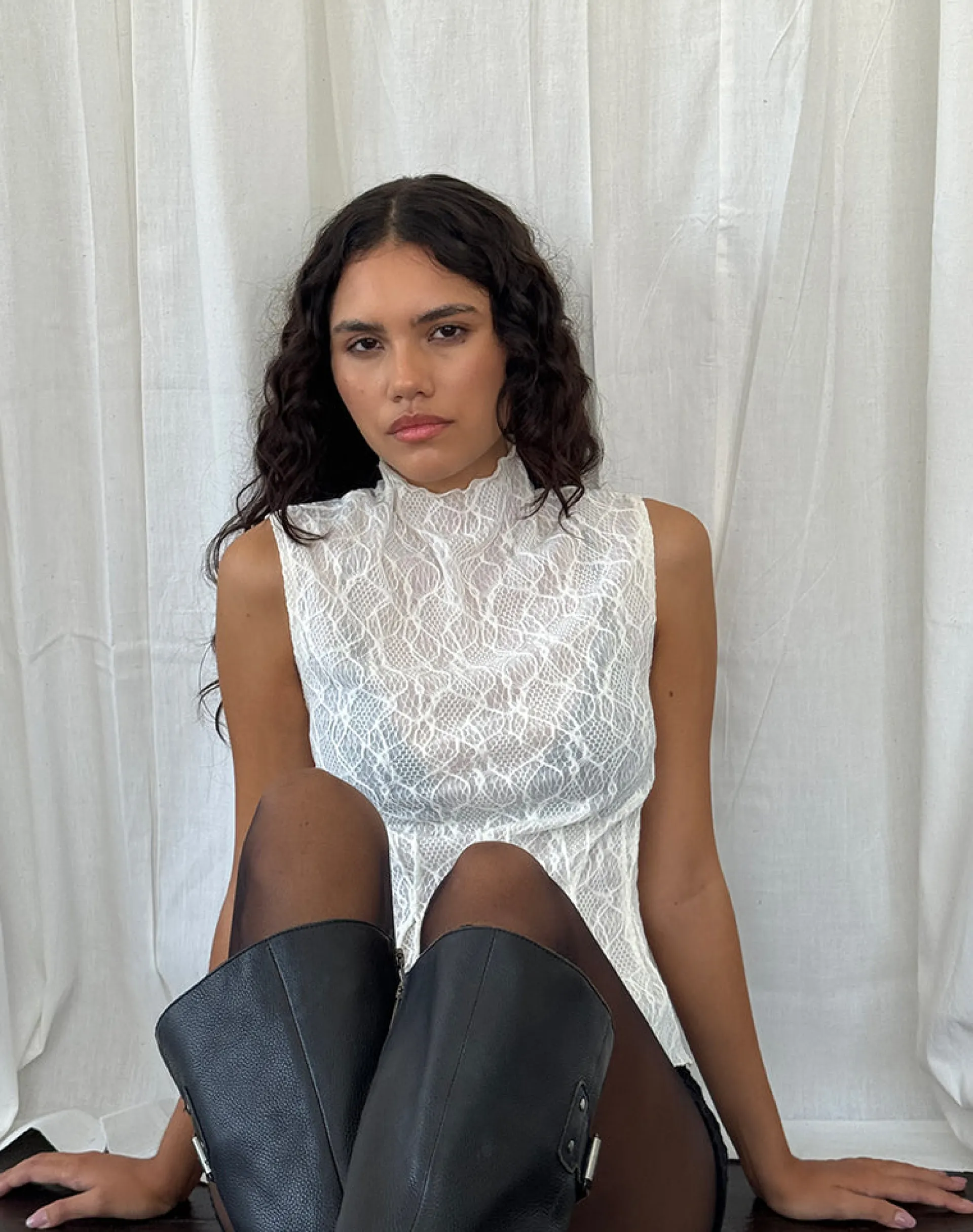 Motel Rocks Lace Tops-Kimbra Sleeveless Top in Crinkle Ivory CrinkleIvory