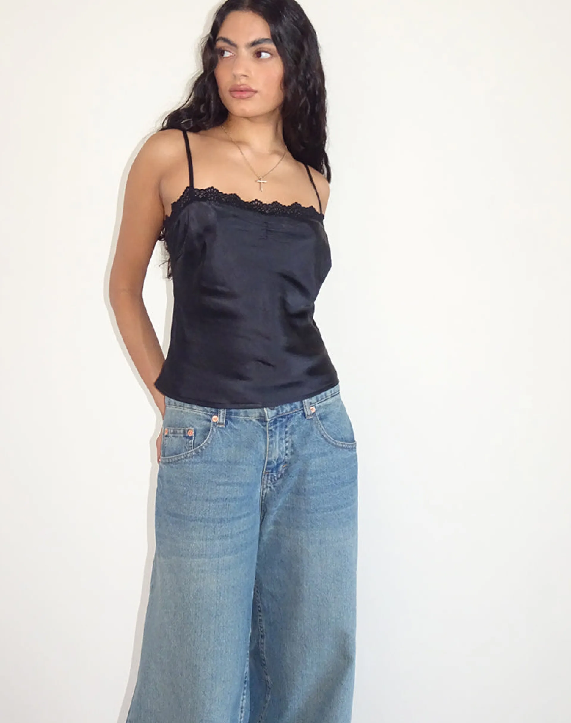 Motel Rocks Co-Ords | Strappy Tops-Kira Top in Satin Black with Black Lace