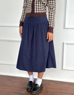 Motel Rocks A Line Skirts | Midi Skirts-Kiranila Midi Skirt in Baby Cord Ink Blue