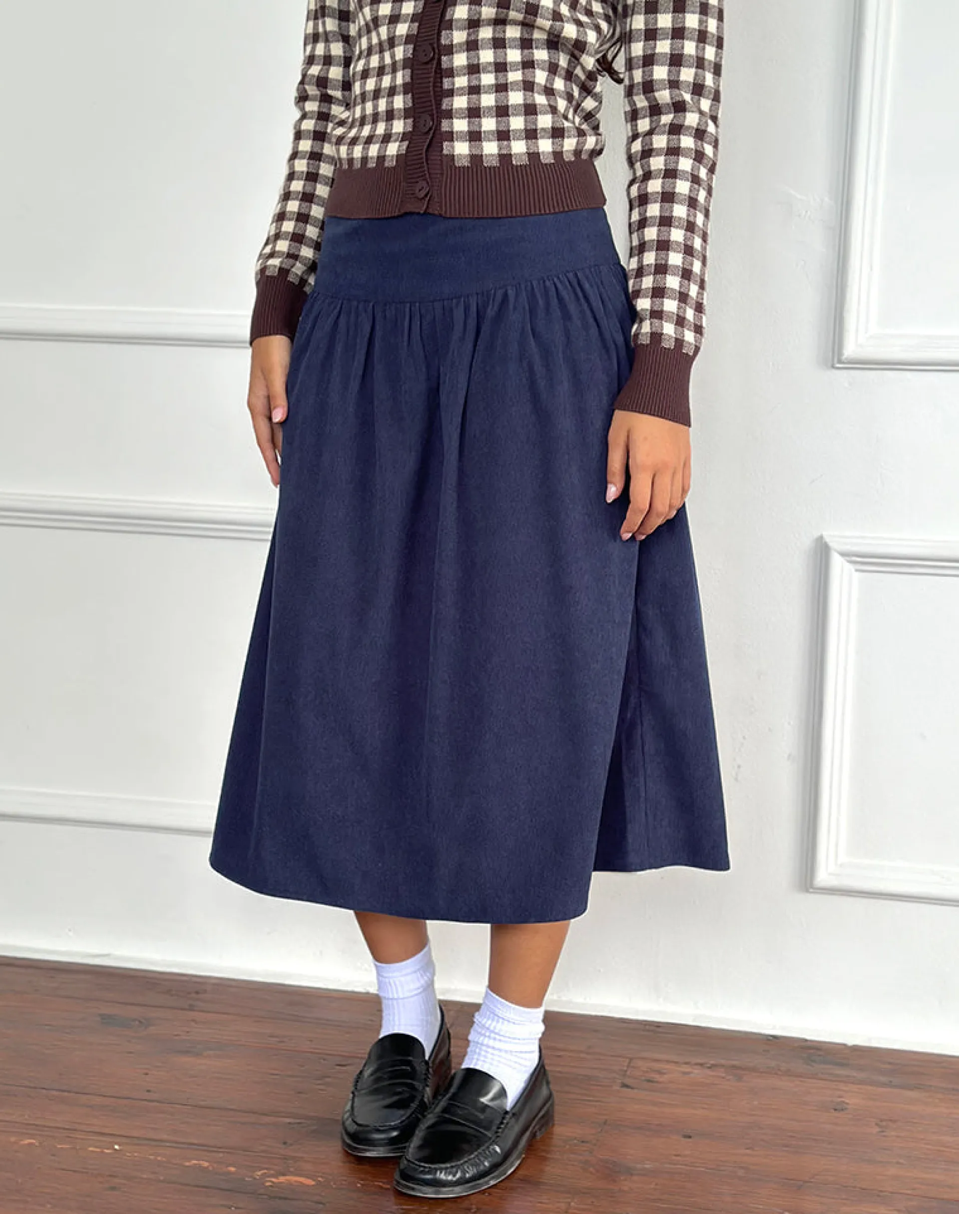 Motel Rocks A Line Skirts | Midi Skirts-Kiranila Midi Skirt in Baby Cord Ink Blue