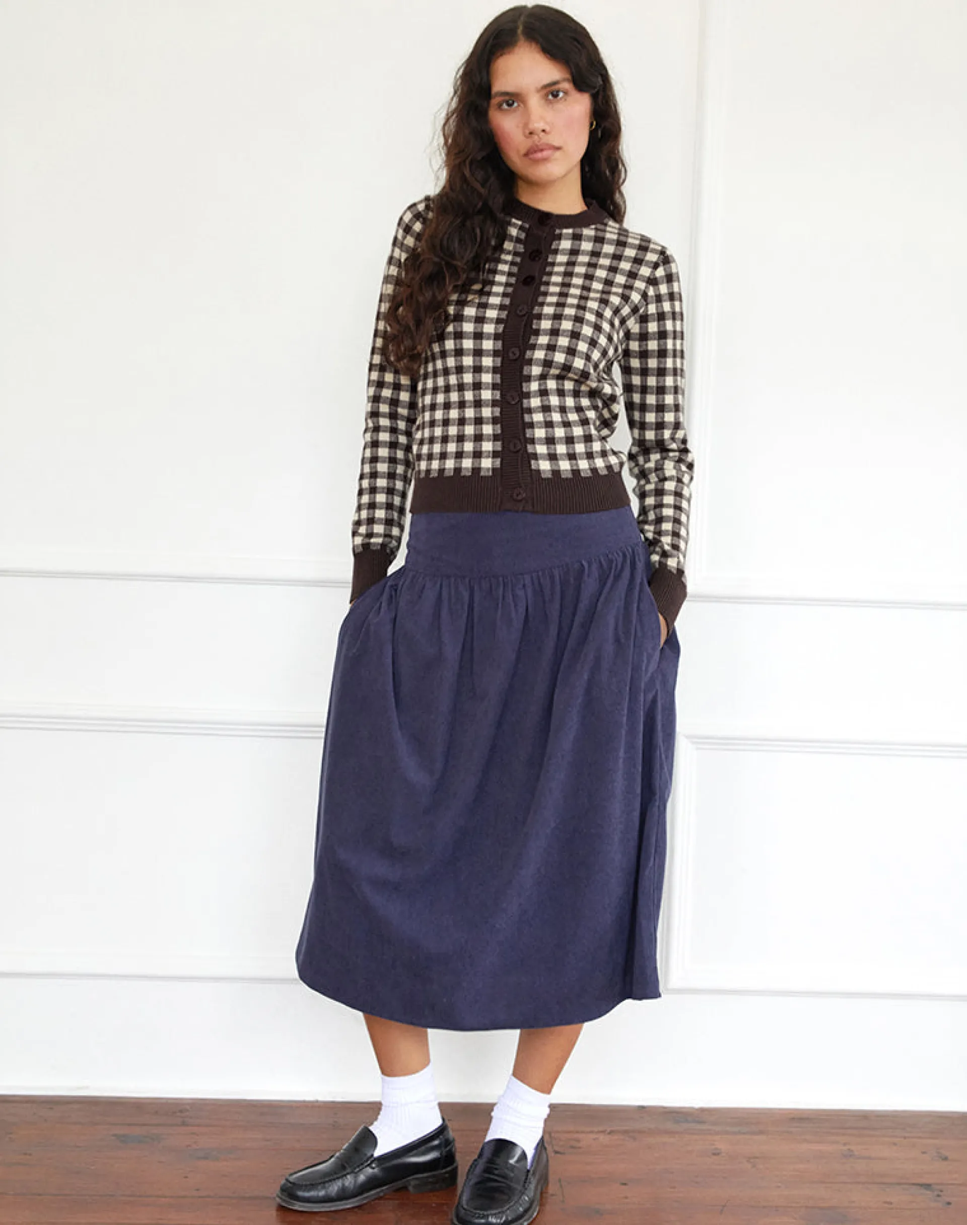 Motel Rocks A Line Skirts | Midi Skirts-Kiranila Midi Skirt in Baby Cord Ink Blue