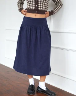 Motel Rocks A Line Skirts | Midi Skirts-Kiranila Midi Skirt in Baby Cord Ink Blue