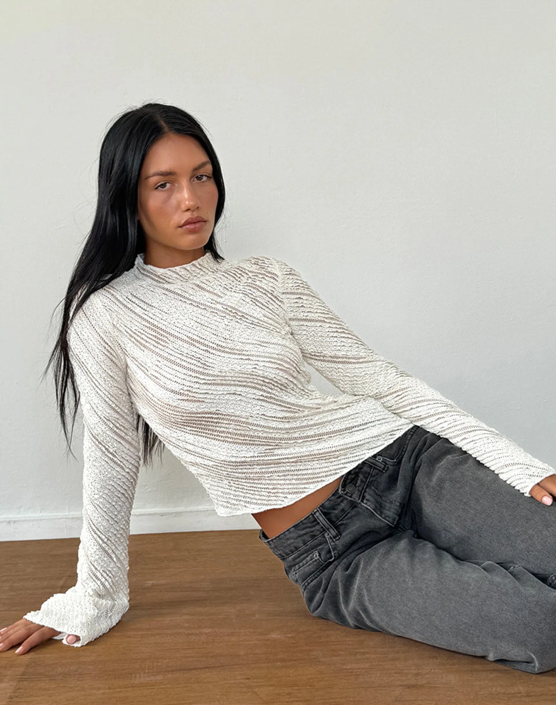 Motel Rocks Long Sleeve Tops-Kittie Long Sleeve Top in Textured Ivory