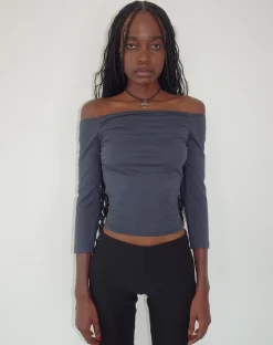 Motel Rocks Basics | Basic Tops-Koby Off Shoulder Bardot Top in Ocean Storm