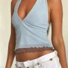 Motel Rocks Basic Tops | Halterneck Tops-Kubra Halter Top in Mesh Light Blue and Brown MeshLightBlueandBrown