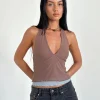 Motel Rocks Halterneck Tops-Kubra Halter Top in Mesh Brown and Light Blue MeshBrownandLightBlue