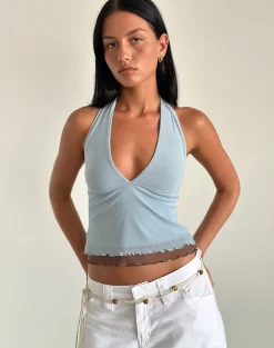 Motel Rocks Basic Tops | Halterneck Tops-Kubra Halter Top in Mesh Light Blue and Brown MeshLightBlueandBrown