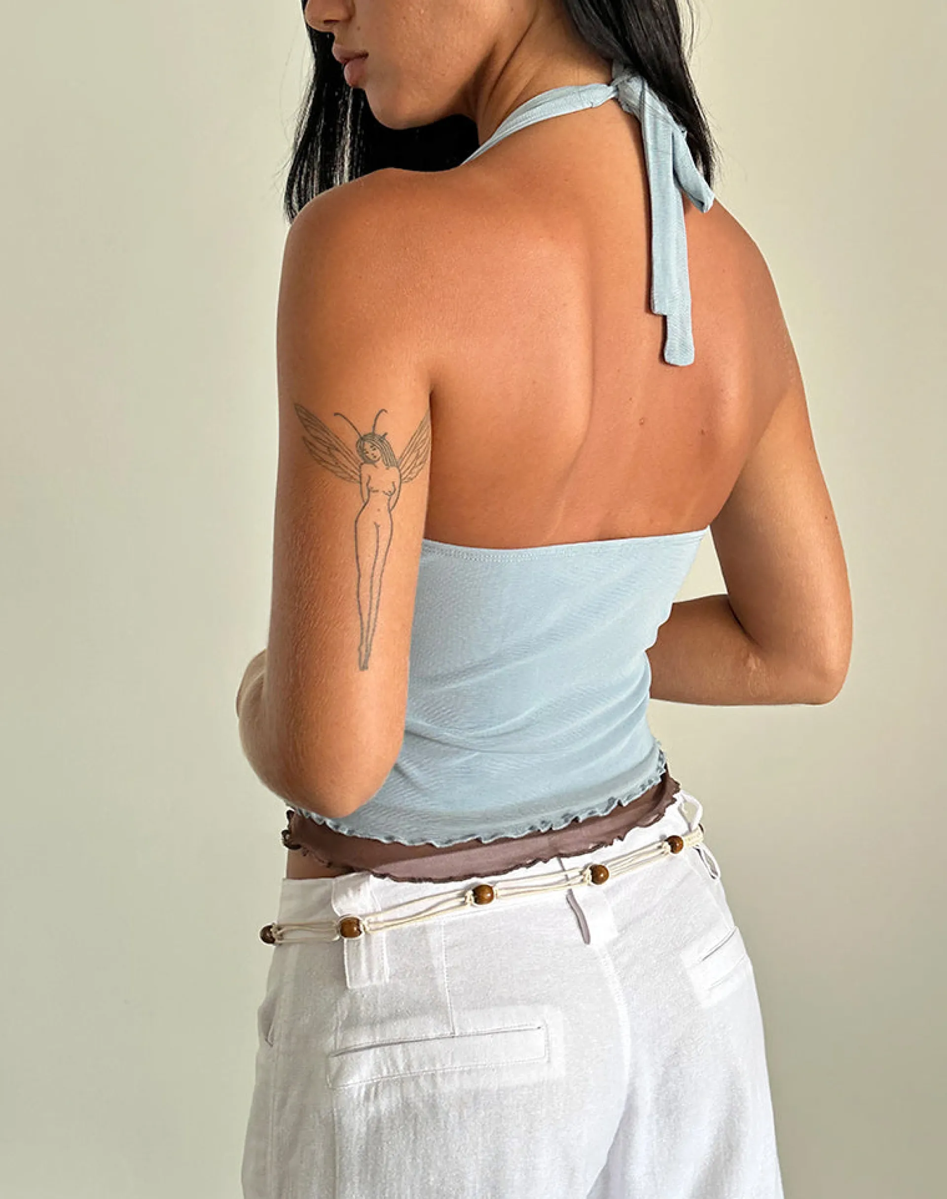 Motel Rocks Basic Tops | Halterneck Tops-Kubra Halter Top in Mesh Light Blue and Brown MeshLightBlueandBrown