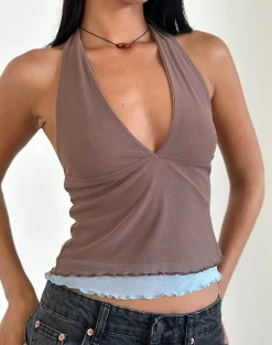 Motel Rocks Halterneck Tops-Kubra Halter Top in Mesh Brown and Light Blue MeshBrownandLightBlue