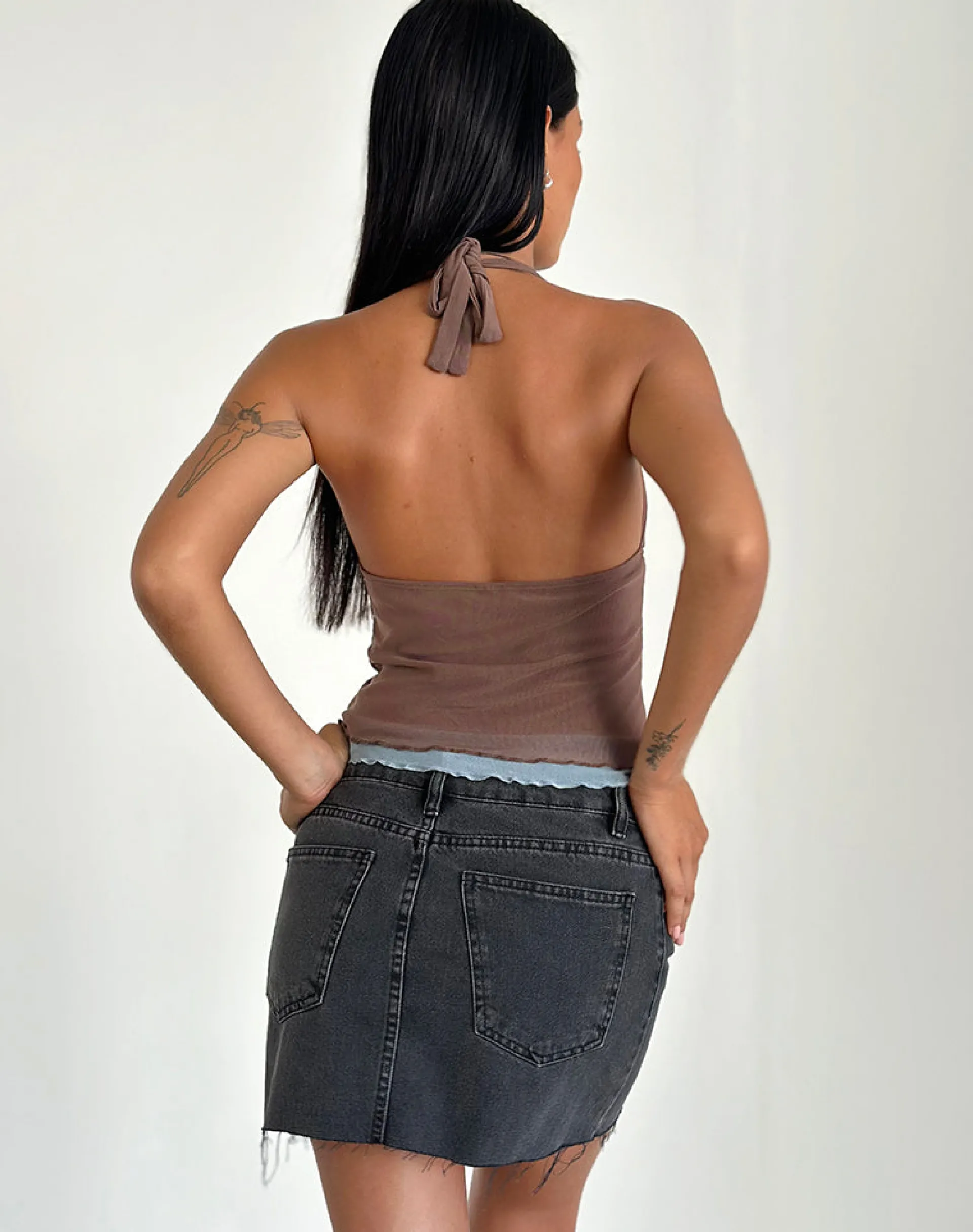 Motel Rocks Halterneck Tops-Kubra Halter Top in Mesh Brown and Light Blue MeshBrownandLightBlue