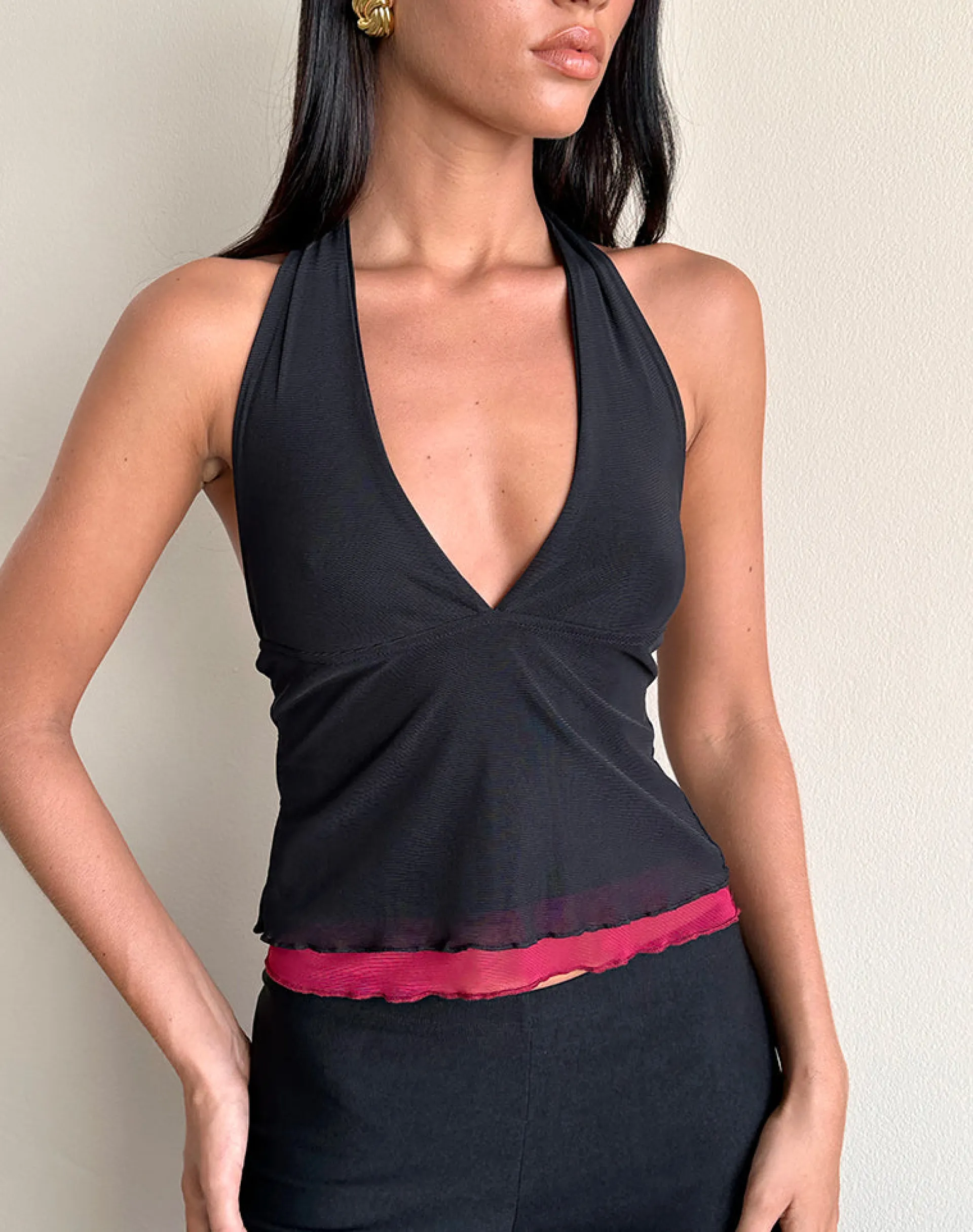 Motel Rocks Halterneck Tops | Going Out Tops-Kubra Halterneck Top in Mesh Black and Red MeshBlackandRed