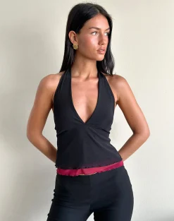 Motel Rocks Halterneck Tops | Going Out Tops-Kubra Halterneck Top in Mesh Black and Red MeshBlackandRed