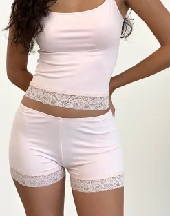 Motel Rocks Loungewear | Micro Shorts-Kuden Lace Hem Micro Shorts in Soft Jersey Pink SoftJerseyPink
