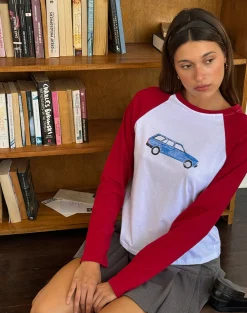 Motel Rocks Long Sleeve Tops-Kyiato Top in Adrenaline Red Car Print AdrenalineRedCarPrint