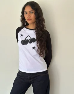 Motel Rocks Long Sleeve Tops-Kyiato Top in White and Black Cherry Print WhiteandBlackCherryPrint