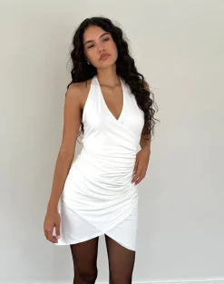 Motel Rocks Bodycon Dresses | Party Dresses-Kyrie Halterneck Wrap Dress in Slinky Ivory SlinkyIvory