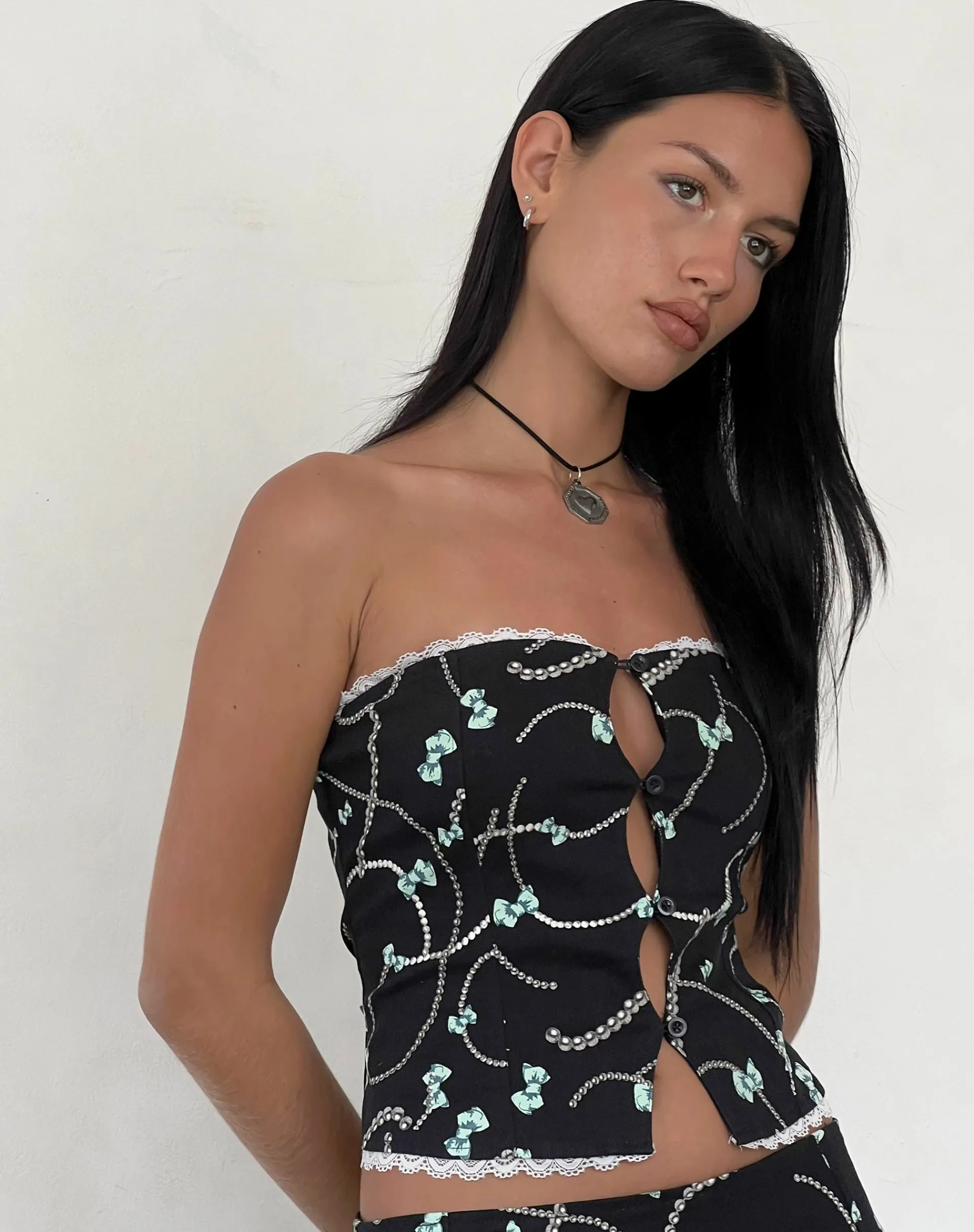 Motel Rocks Co-Ords | Printed Tops-Lacur Bandeau Corset in Black with Pearl and Bow Print