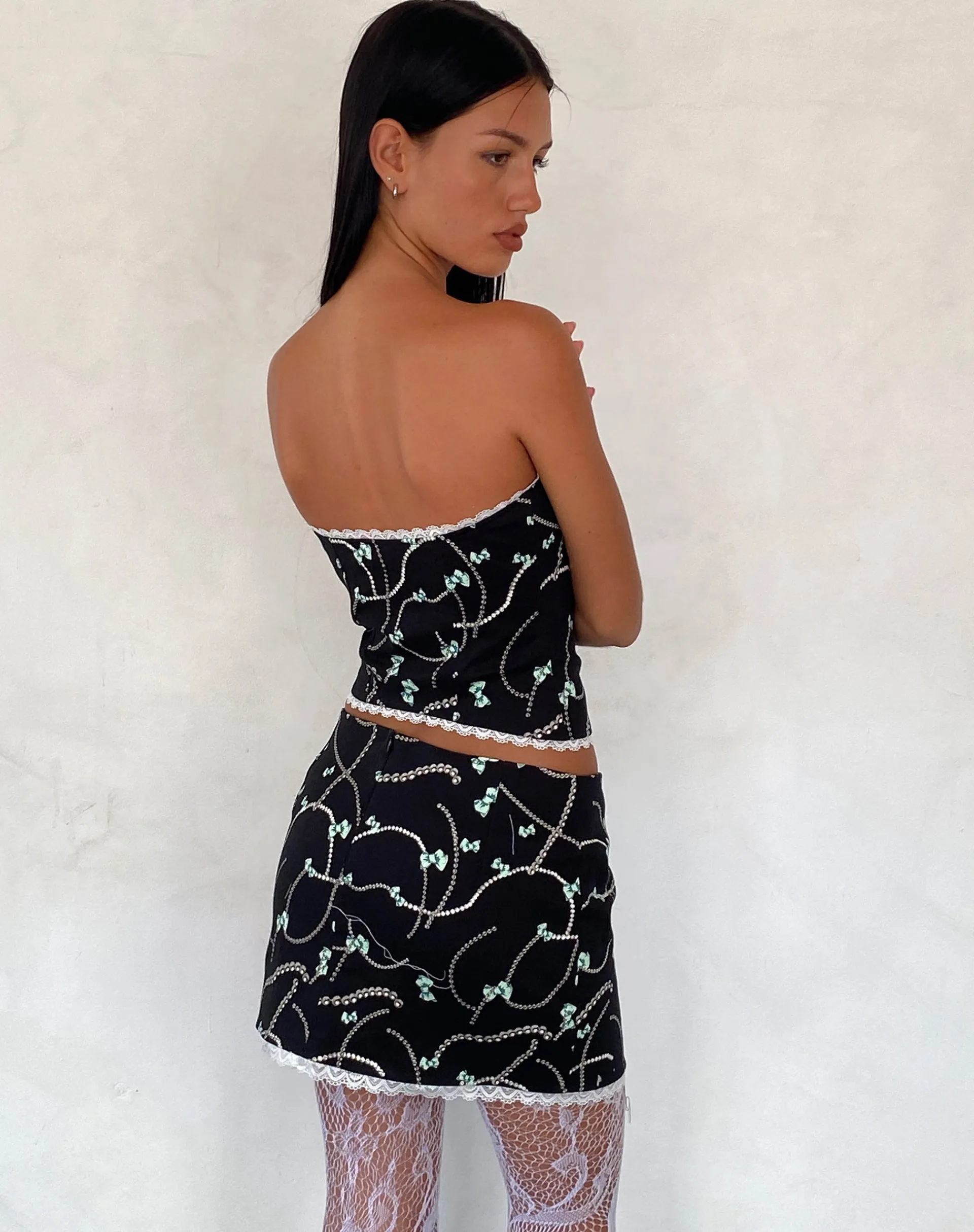 Motel Rocks Co-Ords | Printed Tops-Lacur Bandeau Corset in Black with Pearl and Bow Print