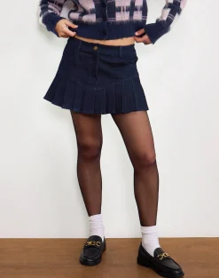 Motel Rocks Pleated Skirts | Denim Skirts-Laduma Mini Skirt Denim in Indigo