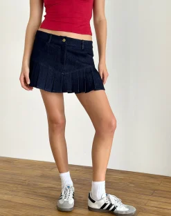 Motel Rocks Pleated Skirts | Denim Skirts-Laduma Mini Skirt Denim in Indigo