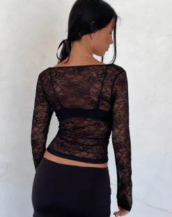 Motel Rocks Long Sleeve Tops | Lace Tops-Lainey Unlined Long Sleeve Top in Black Lace BlackLace