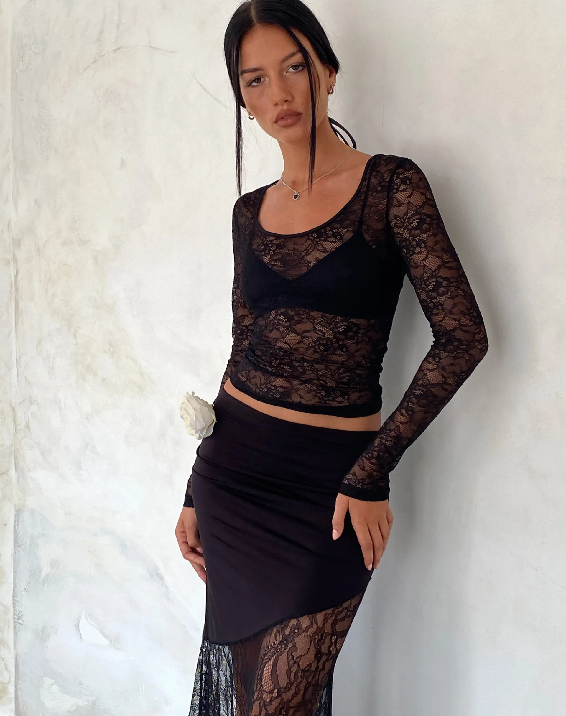 Motel Rocks Long Sleeve Tops | Lace Tops-Lainey Unlined Long Sleeve Top in Black Lace BlackLace