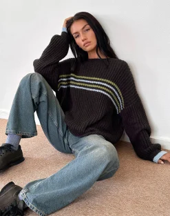 Motel Rocks Jumpers-Lamees Jumper in Brown Knit with Stripe
