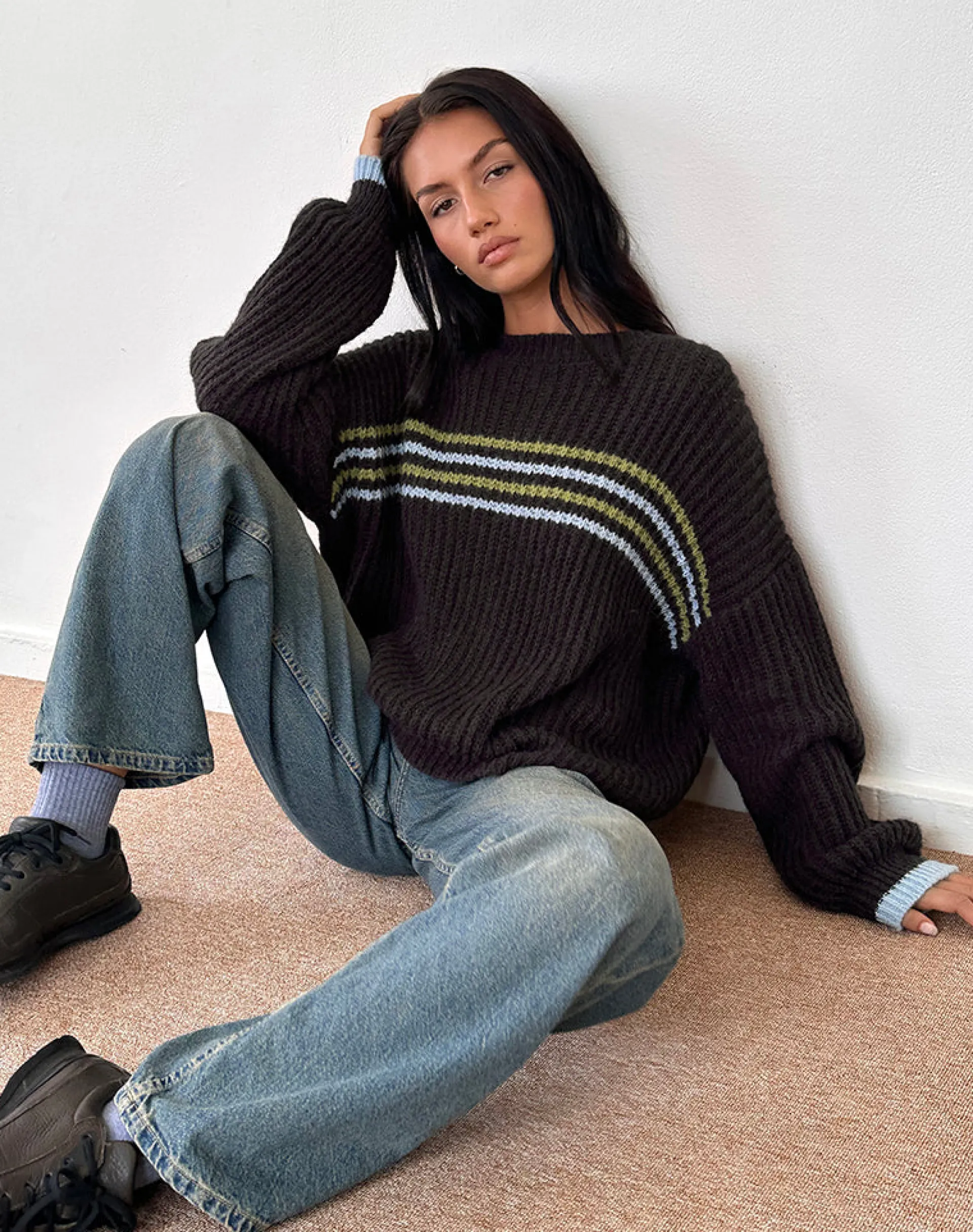 Motel Rocks Jumpers-Lamees Jumper in Brown Knit with Stripe