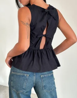 Motel Rocks Tailoring-Lanzo Tie Back Top in Poplin Black PoplinBlack