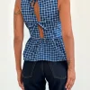 Motel Rocks Vest Tops | Printed Tops-Lanzo Tie Back Top in Poplin Navy Tartan poplinnavytartan