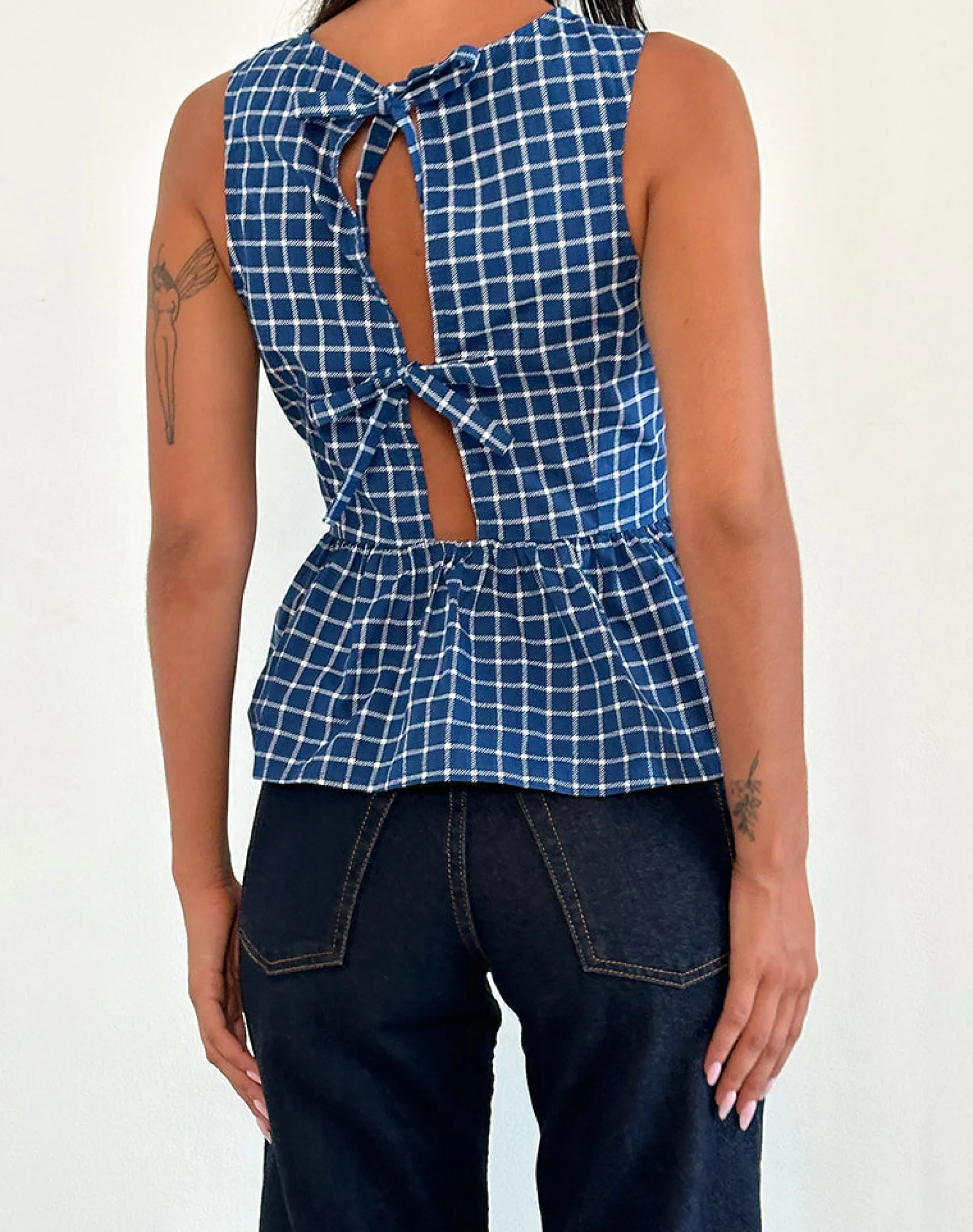 Motel Rocks Vest Tops | Printed Tops-Lanzo Tie Back Top in Poplin Navy Tartan poplinnavytartan
