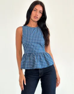 Motel Rocks Vest Tops | Printed Tops-Lanzo Tie Back Top in Poplin Navy Tartan poplinnavytartan