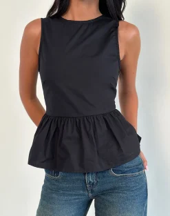 Motel Rocks Tailoring-Lanzo Tie Back Top in Poplin Black PoplinBlack